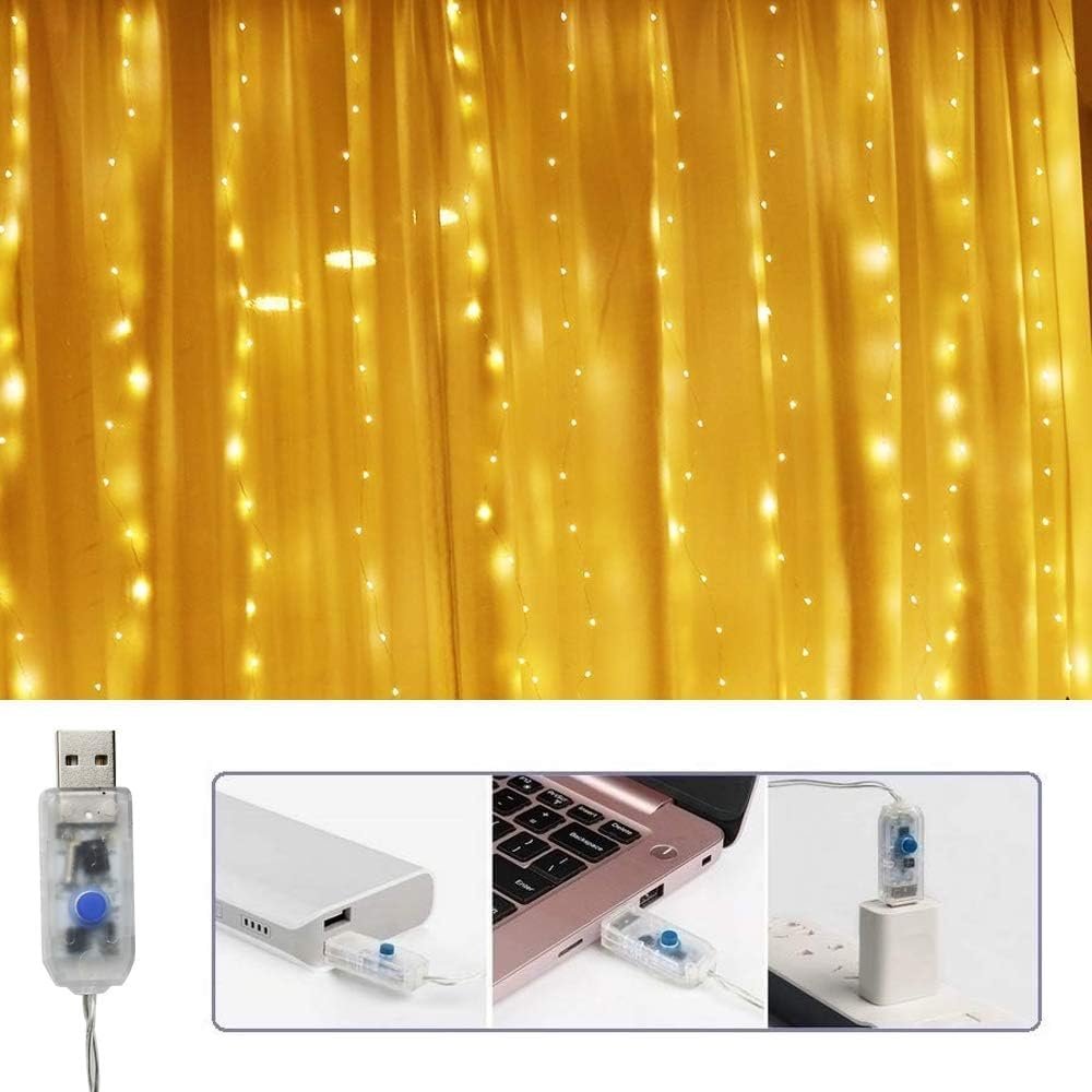 2025 New Fairy Curtain Lights for Bedroom 300 LED, Jezoll Christmas String Lights USB Plug in 8 Modes Wall Hanging Twinkle with Remote Control for Wedding Party Backdrop Decor Warm White (9.8x9.8FT)