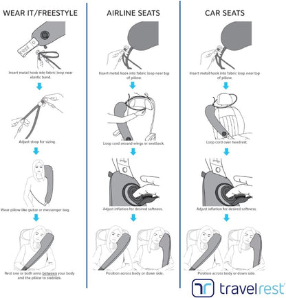 Travelrest Ultimate Travel Pillow for Neck and Body, Airplane and Car Seats, Inflatable Space Saver for Sleeping on Long Flights, Nap on Road Trips, Car and Bus Travel (Grey)