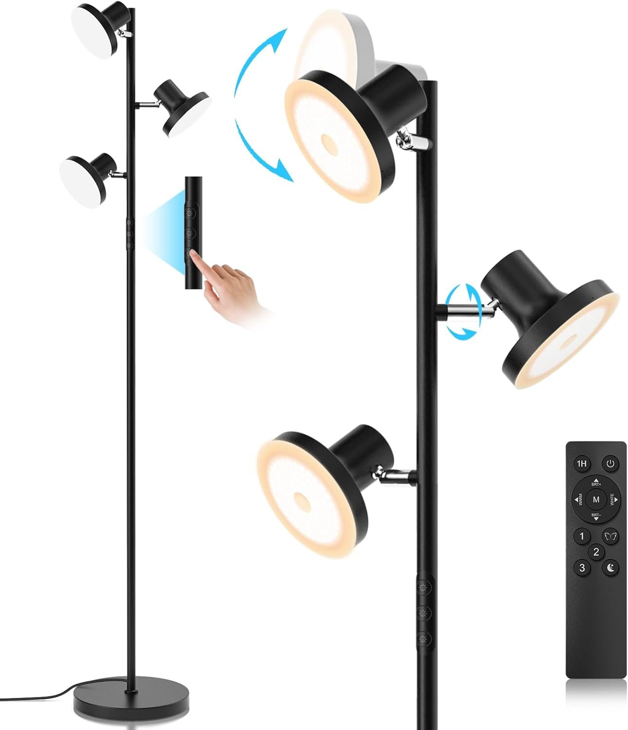 SIBRILLE 36W LED Tree Floor Lamp, Super Bright Standing Lamp with Remote & Touch Control, 4 Color Temperatures,3 Rotatable Lights, Dimmable Floor Lamps for Living Room, Bedroom, Office