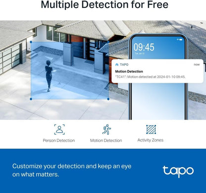 TP-Link Tapo Pan/Tilt Outdoor Security WiFi Camera, 2K, Full-Colour Night Vision, 360Â°, IP65, Smart AI Detection, Sound & Light Alarm, Up to 512 GB, SD Card Slot, No Hub Required (TC41)