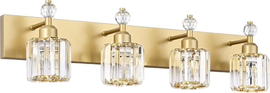 PRESDE Modern Crystal Bathroom Vanity Light 4 Light Gold Vanity Lighting Over Mirror Bathroom Wall Light Fixtures