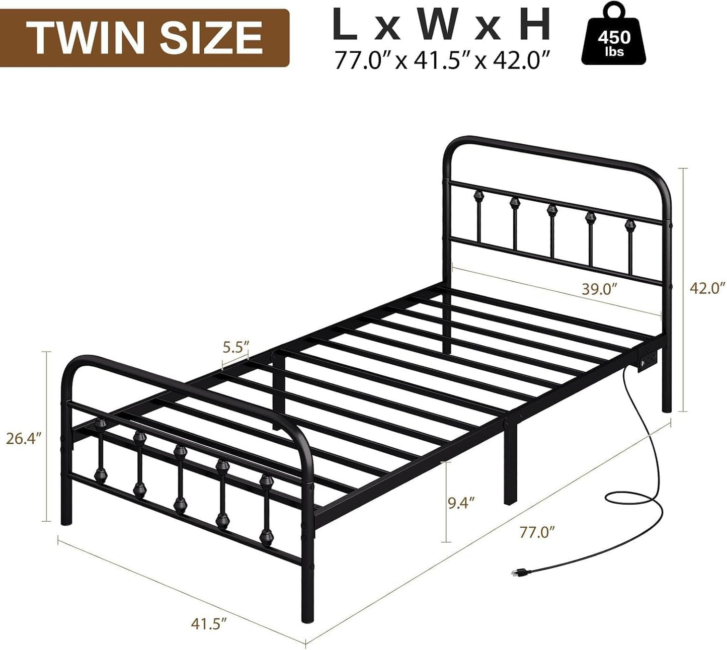 Twin Bed Frame with Charging Station, Metal Platform Bed Frame-Mattress Foundation with LED and Footboard/Under Bed Storage/No Box Spring Needed,Black