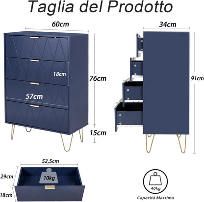 GOOBUY Chest of Drawers with 4 Drawers, Wooden Bedroom Como, Living Room Furniture, Gold Handles and Legs, 34 x 60 x 91 H cm, Blue