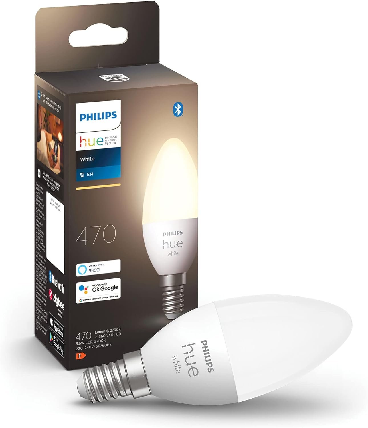 Philips Hue White Smart Light Bulb Candle 470 Lumen [E14 Small Edison Screw] with Bluetooth, Compatible with Alexa, Google Assistant, Apple Homekit