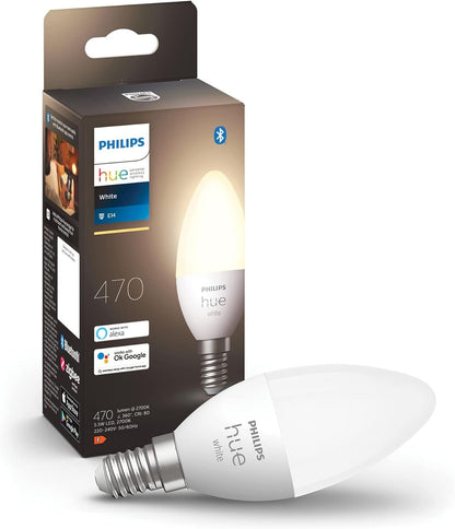 Philips Hue White Smart Light Bulb Candle 470 Lumen [E14 Small Edison Screw] with Bluetooth, Compatible with Alexa, Google Assistant, Apple Homekit