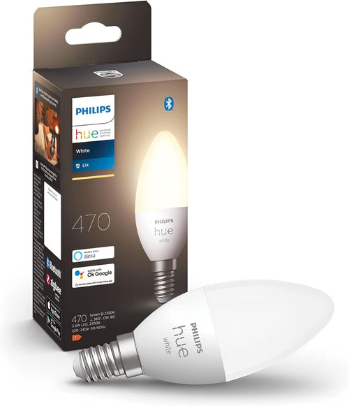 Philips Hue White Smart Light Bulb Candle 470 Lumen [E14 Small Edison Screw] with Bluetooth, Compatible with Alexa, Google Assistant, Apple Homekit