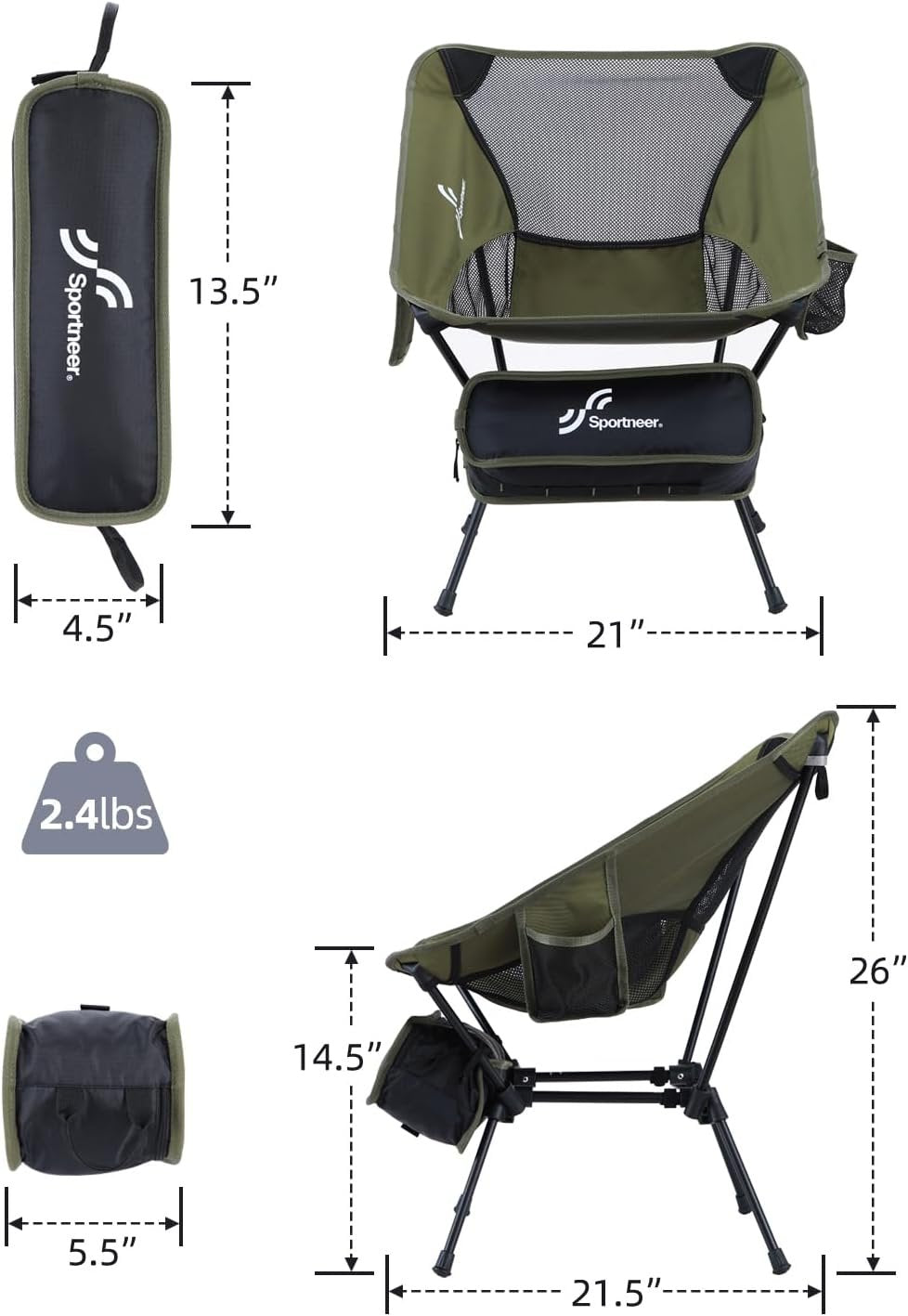 Camping Chair, Sportneer Lightweight Portable Folding Camping Chairs for Adults Compact Camp Chairs Foldable Backpacking Chair Outdoor Chair for Camping Hiking Beach Lawn Picnic Travel (2, Green)