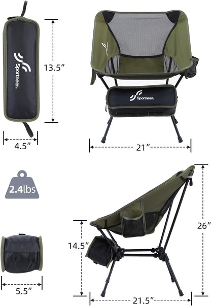 Camping Chair, Sportneer Lightweight Portable Folding Camping Chairs for Adults Compact Camp Chairs Foldable Backpacking Chair Outdoor Chair for Camping Hiking Beach Lawn Picnic Travel (2, Green)
