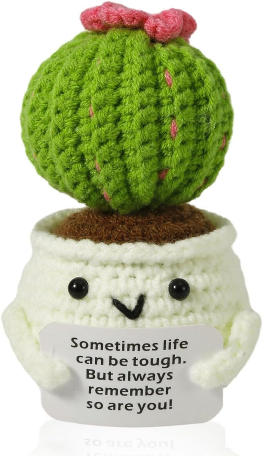 Crochet Positive Cactus, Handmade Knitted Cactus Emotional Positive Ornaments with Encouraging Card for Coworker Kids Friends Sister Room Office Desktop Decor Birthday Christmas Thanksgiving Gift