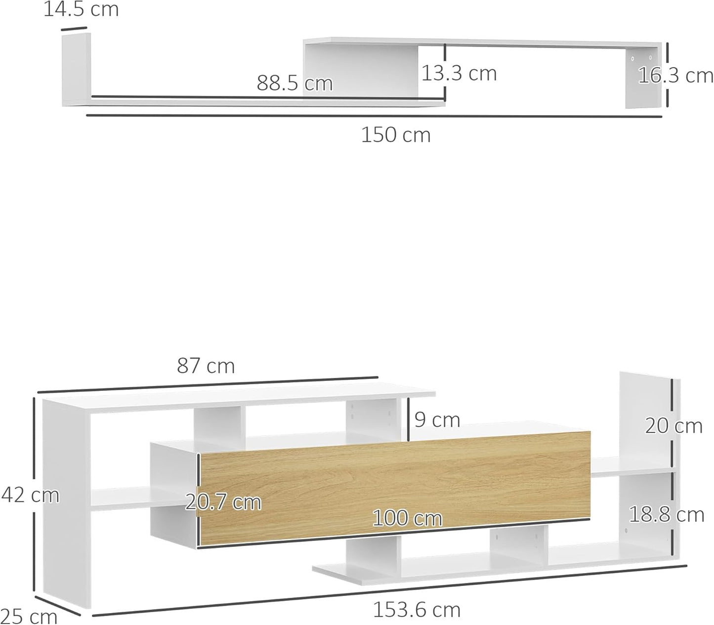 HOMCOM TV Unit with Wall Shelf, Open Shelves and Wooden Cabinet, Modern TV Unit for Living Room and Bedroom, White and Wood