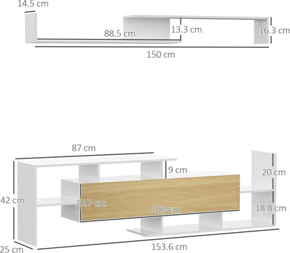 HOMCOM TV Unit with Wall Shelf, Open Shelves and Wooden Cabinet, Modern TV Unit for Living Room and Bedroom, White and Wood