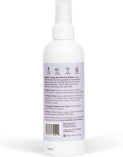 Manduka Yoga Mat Wash and Refresh – 100% Natural Essential Oil Yoga Mat Cleaning Spray, Fitness Equipment and Gym Accessories Cleaner, Non-irritating, Pet Friendly | Lavender Scent, 4 oz