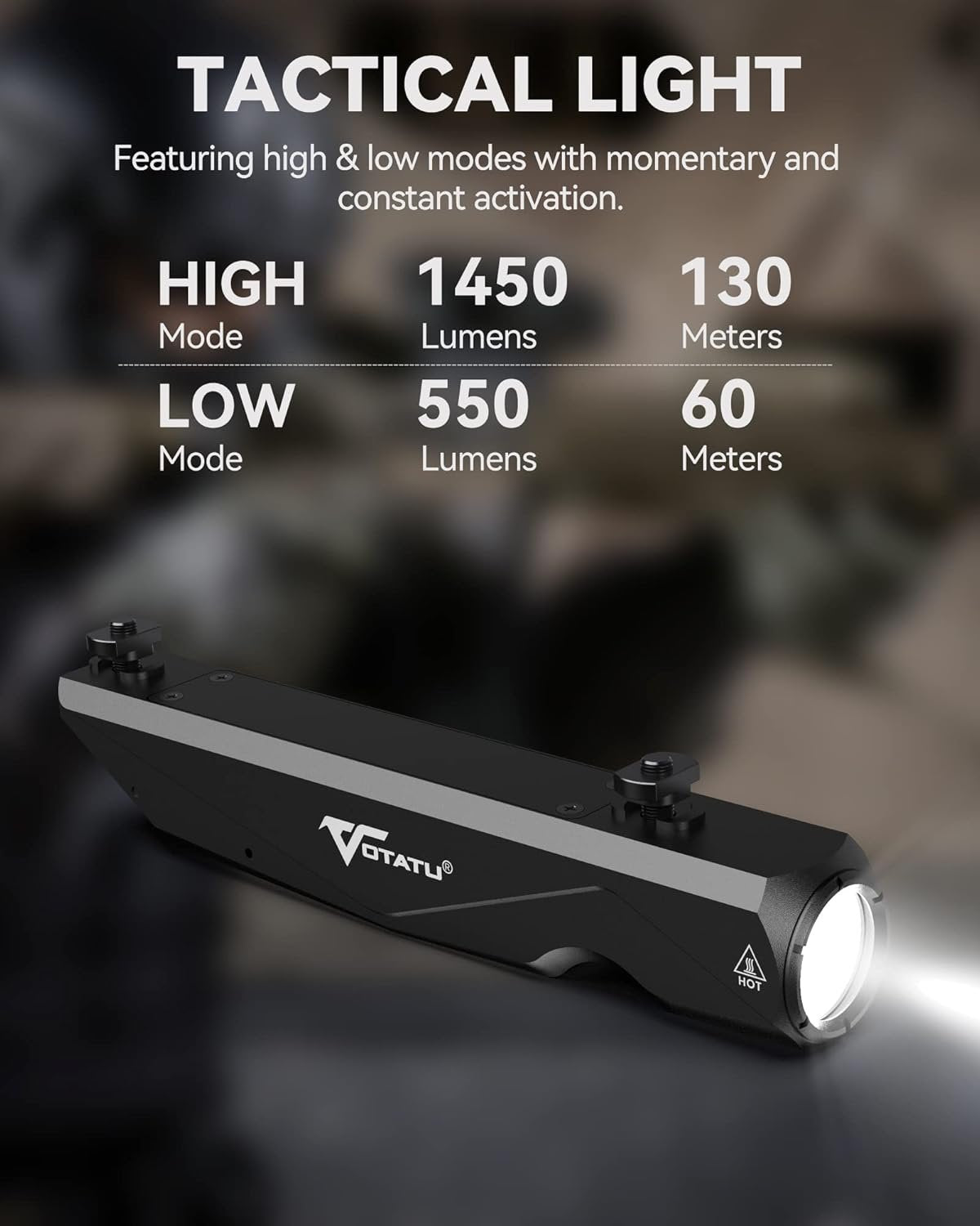 VOTATU ML40 1450 Lumens Weapon Light Compatible with M-Lok Rail Surface, Tactical Flashlight for Rifle, Strobe Function, Magnetic Rechargeable