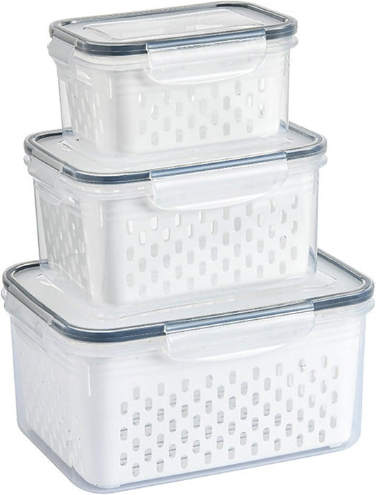 Lizbin 3 PCS Fruit Storage Containers for Fridge With Removable Colander, Leak Proof Airtight Food Storage Containers With Lids, Keep Meat Fresh