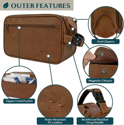 PAVILIA Toiletry Bag for Men, Travel Essentials Shaving Dopp Kit, Travel Bag Toiletries Organizer Case, Cosmetic Make Up Bag, Water Resistant, Brown, Extra Large (12x6x7)
