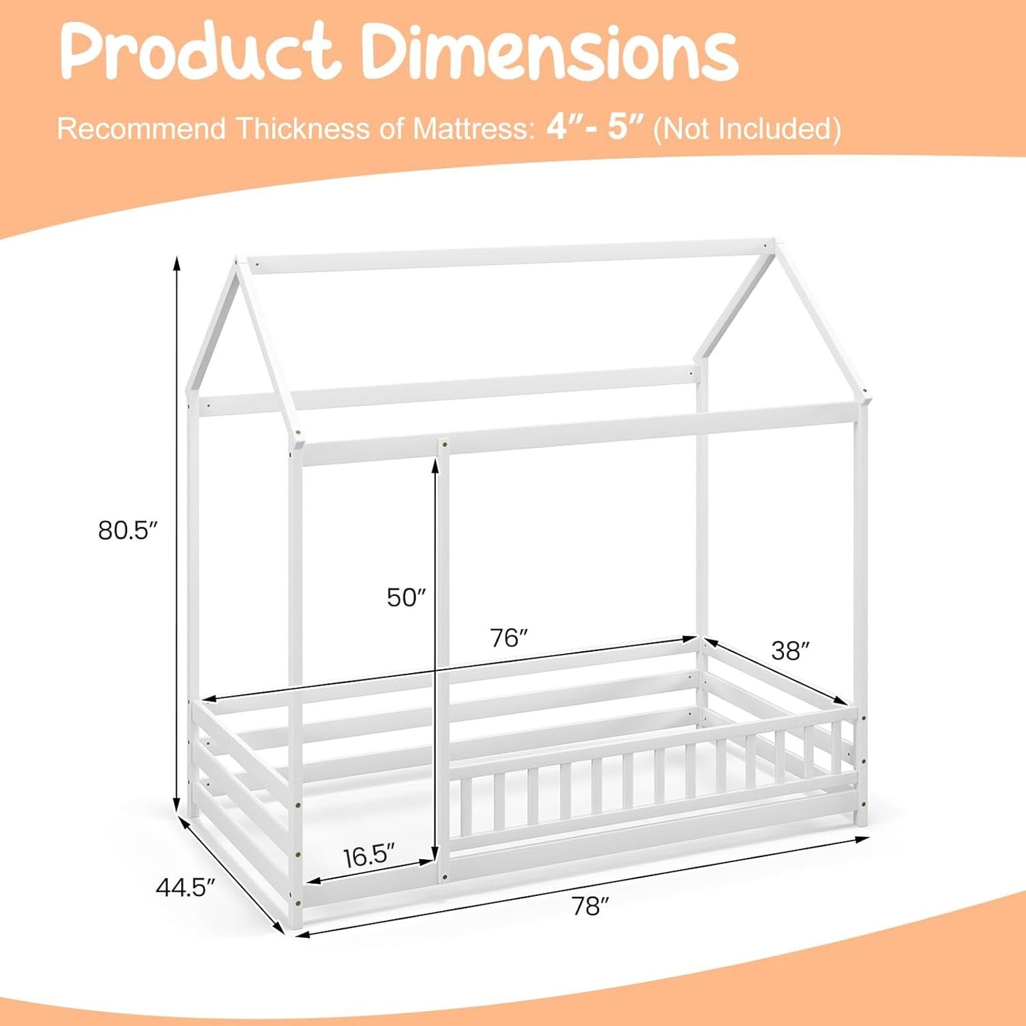 IFANNY Twin Floor Bed, Wooden House Bed with Safety Fence and Roof, Wood Twin Size Platform Playhouse, Low Montessori Bed Frame for Kids, Boys, Girls (White)