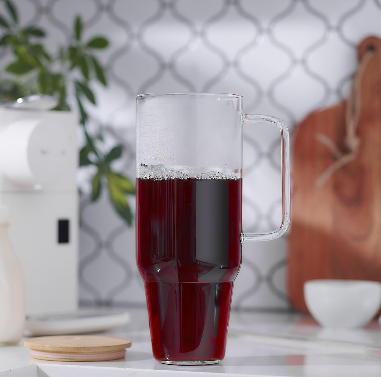 Iris Pur Luxe Glass Tumbler, Blush Pink & White Glass Straws, Lid, Handle, Travel, Drinkware, Coffee Cup, Water Bottle
