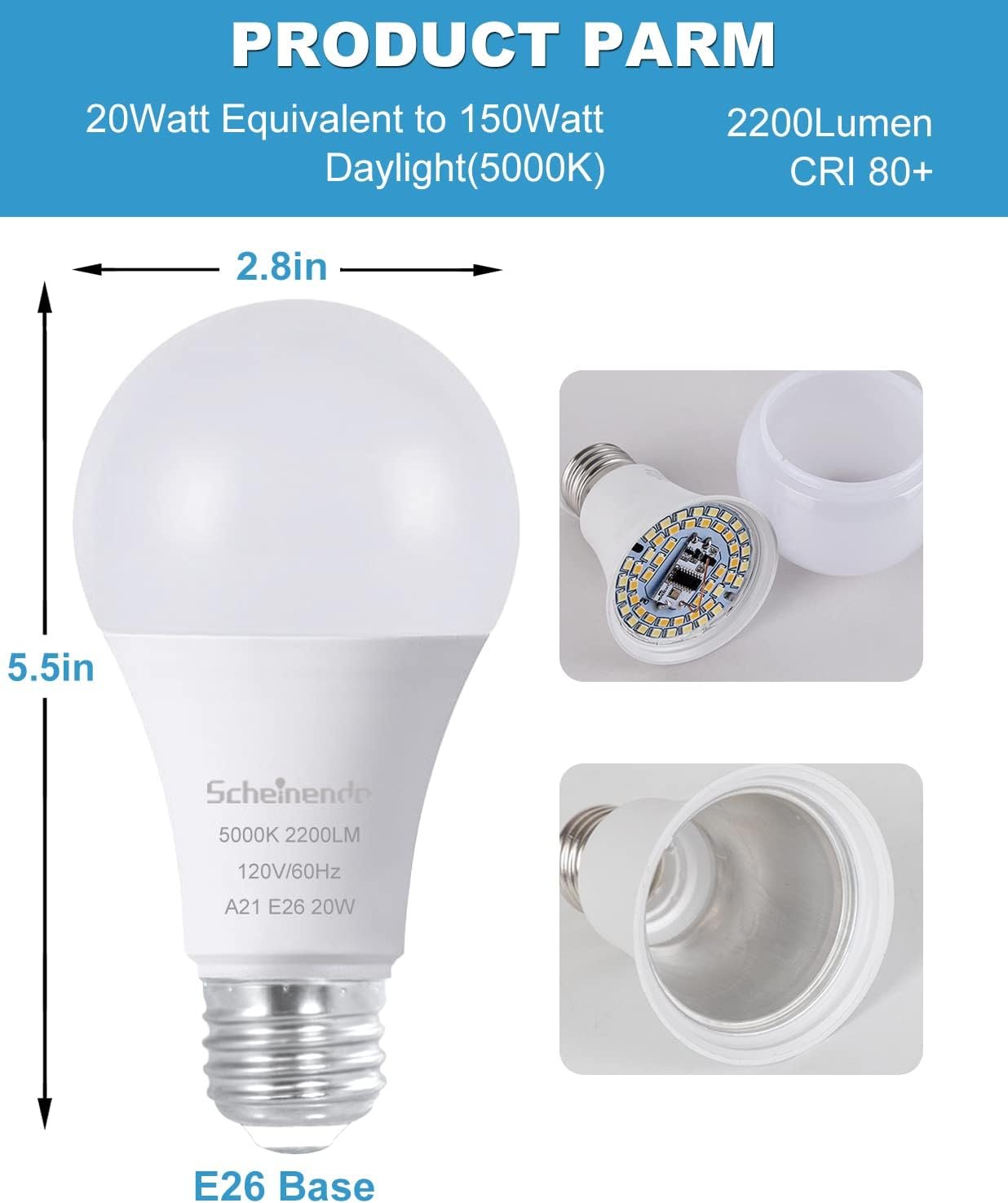 Scheinenda LED Light Bulbs 150W Equivalent(20w)，A21 LED Bulb 2200LM High Lumens and 5000K Daylight Non-dimmable Lighting, E26 Base LED Bulb for Home Lighting, Ceiling Fixture, Pack of 4