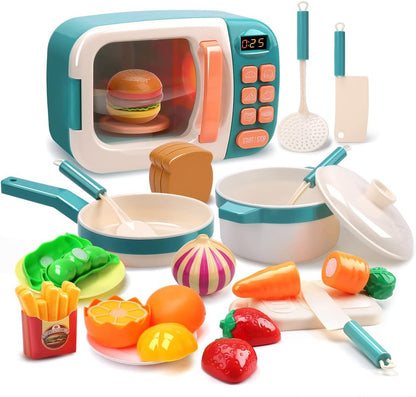 CUTE STONE Microwave Toys Kitchen Play Set, Kids Pretend Play Electronic Oven with Play Food, Kids Cookware Pot and Pan Toy Set, Cooking Utensils,Great Learning Gifts for Girls Boys