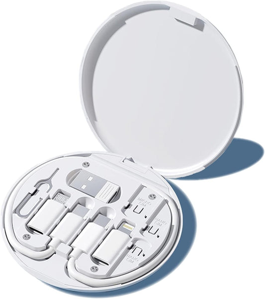 Multifunctional Data Cable Conversion Head Portable Storage Box, Multi-Type Charging Line Convertor USB Type C Adapter Tool Contains Sim Card Slot Tray Eject Pin, Phone Holder (White)