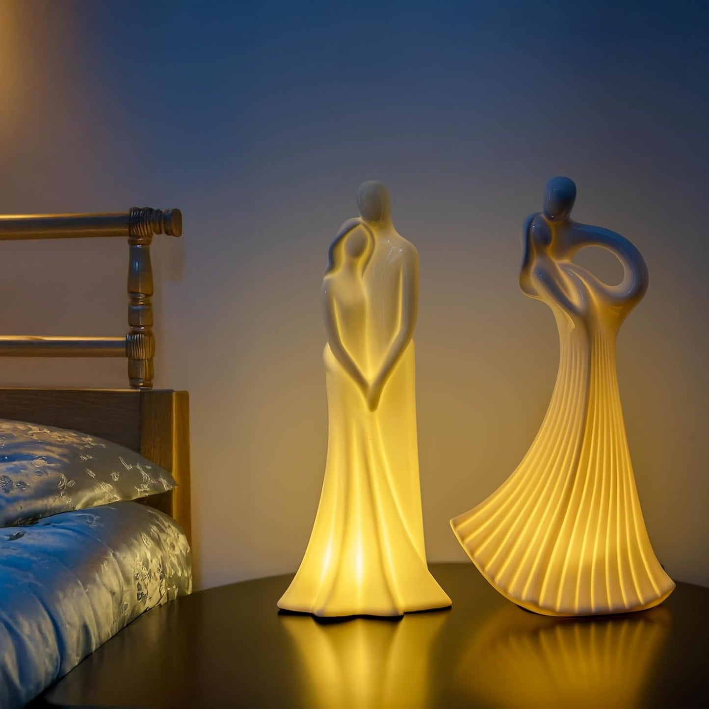Porcelain Couple Sculpture Embracing Shape with Built-in LED Lights - Elegant Wedding/Anniversary/Engagement Gift, Romantic Home Decor, Couple Statue for Tabletop, Bedroom & Living Room Display