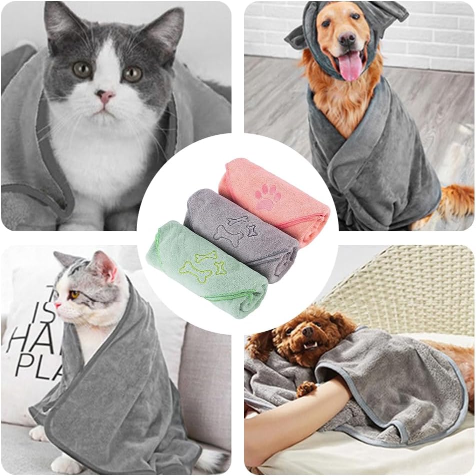 Pack of 3 Large Microfiber Pet Towels, Quick Dry Dog & Ca Washcloths, Super Absorbent Sweat Rags, for Pet Bathing, Grooming, and Drying 50x100 CM