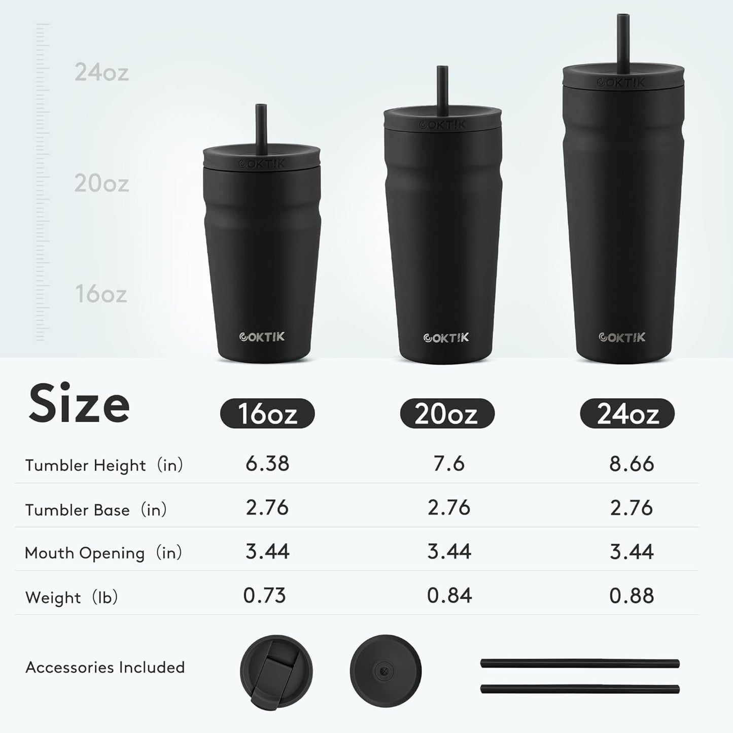 COKTIK 16oz Insulated Tumbler with Lid and Straw 2 Lids (Straw/Flip) Iced Coffee Cup Reusable Stainless Steel Travel Mug Water Bottle Cupholder Friendly for Women Men Her Him (Black)
