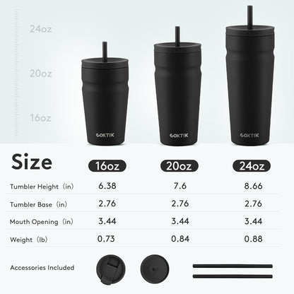COKTIK 16oz Insulated Tumbler with Lid and Straw 2 Lids (Straw/Flip) Iced Coffee Cup Reusable Stainless Steel Travel Mug Water Bottle Cupholder Friendly for Women Men Her Him (Black)