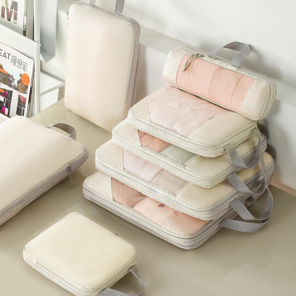 Compression Packing Cubes for Travel Suitcase Organizer Bags Set of 7 Travel Accessory Expandable Packing Organisers With Laundry Bag and Toiletry Bag (Orange)