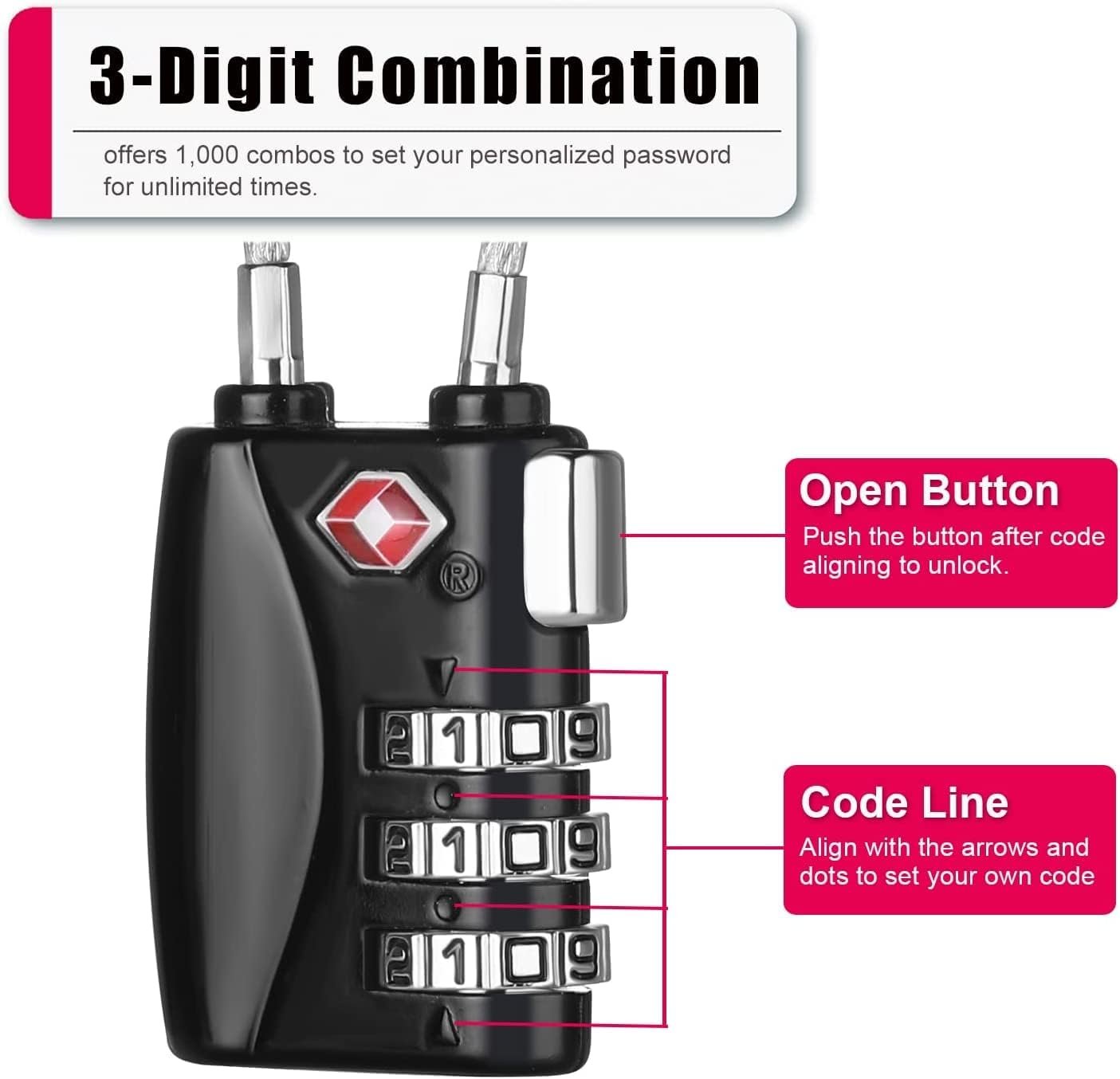Luggage Locks 2 Pack, TSA Cable Travel Lock, Safe Padlock for Gym, School, Suitcases, Baggage, Small Cabinets, Computer Bags