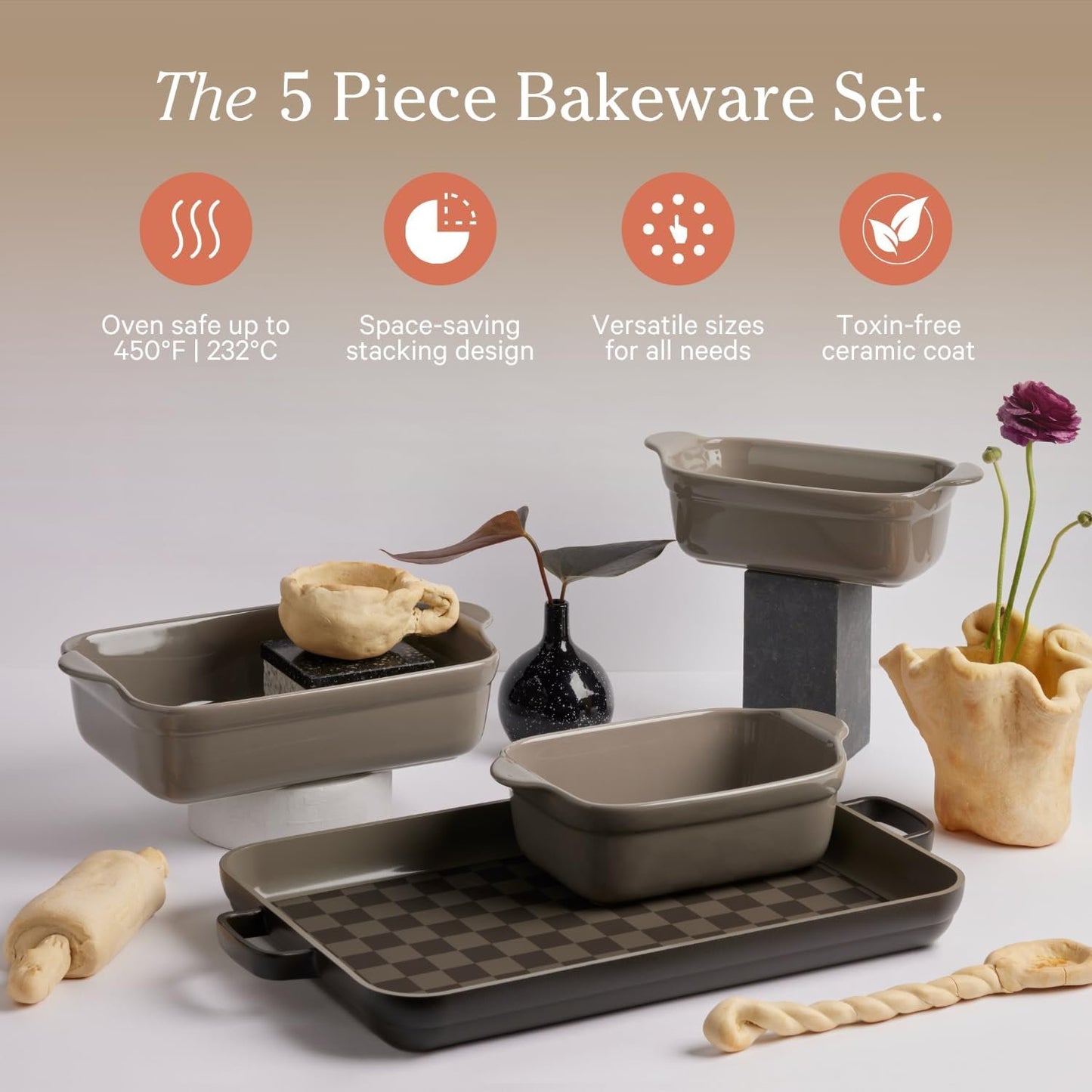 Our Place Bakeware Set | 5-Piece Nonstick, Toxin-Free, Ceramic, Cast Aluminum Set with Oven Pan, Bakers, & Oven Mat | Space-Saving Nesting Design | Oven-Safe | Bake, Roast, Griddle and More | Char