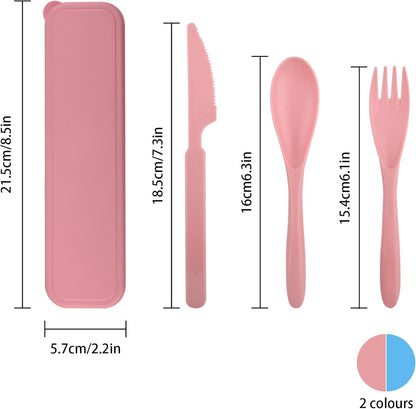 2 Sets Travel Cutlery Set with Case, Reusable Plastic Knife Spoon and Fork Set, Utensils Set for Lunch Box, Portable Camping Flatware Set Service Dinnerware for Picnic School or Daily Use (Blue+Pink)