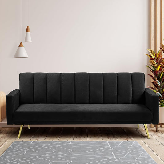 LEVEDE 3 Seater Sofa Bed Convertible, Velvet Loveseat Sofa Couch, Recliner Sofa Lounge with 3 Adjustable Backrest Positions, Spare Bed for Guest, Load Up to 220kg (197cm, Black)