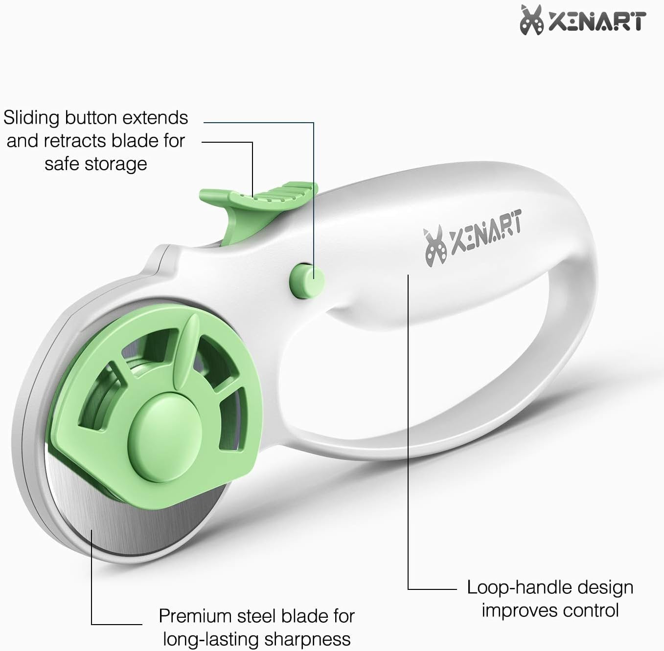 Xinart 45mm Rotary Cutter for Fabric Safety Lock Ergonomic Classic Comfort Loop Fabric Small Rotary Cutter for Sewing Quilting Crafting (Extra 2pcs Replacement Blades Included)-Green