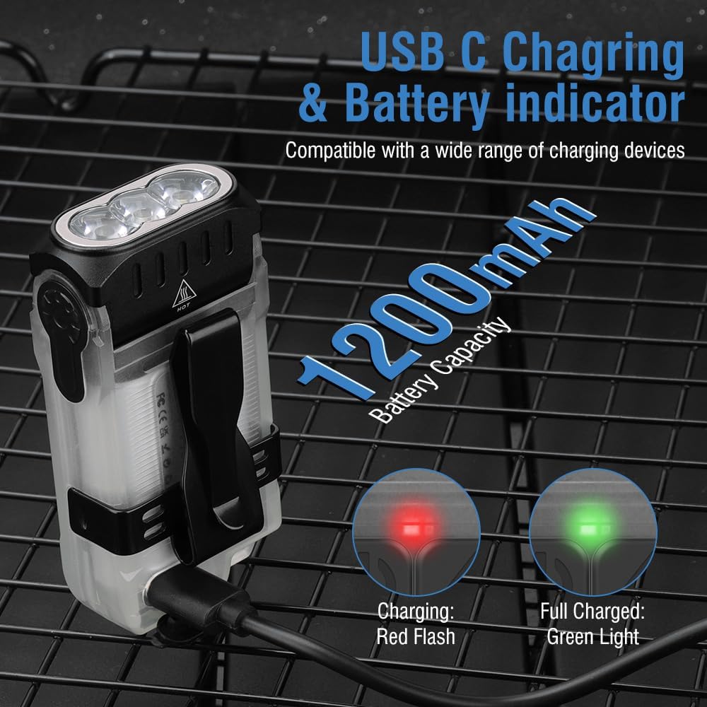PEAUS V15 LED EDC Flashlight - 1200 Lumens, USB C Rechargeable, 10 Modes, Pocket Light with Warm/Red Light, Clothing Clip, IP67 Waterproof, 80° Rotating Head - Ideal for Survival, Tactical Use