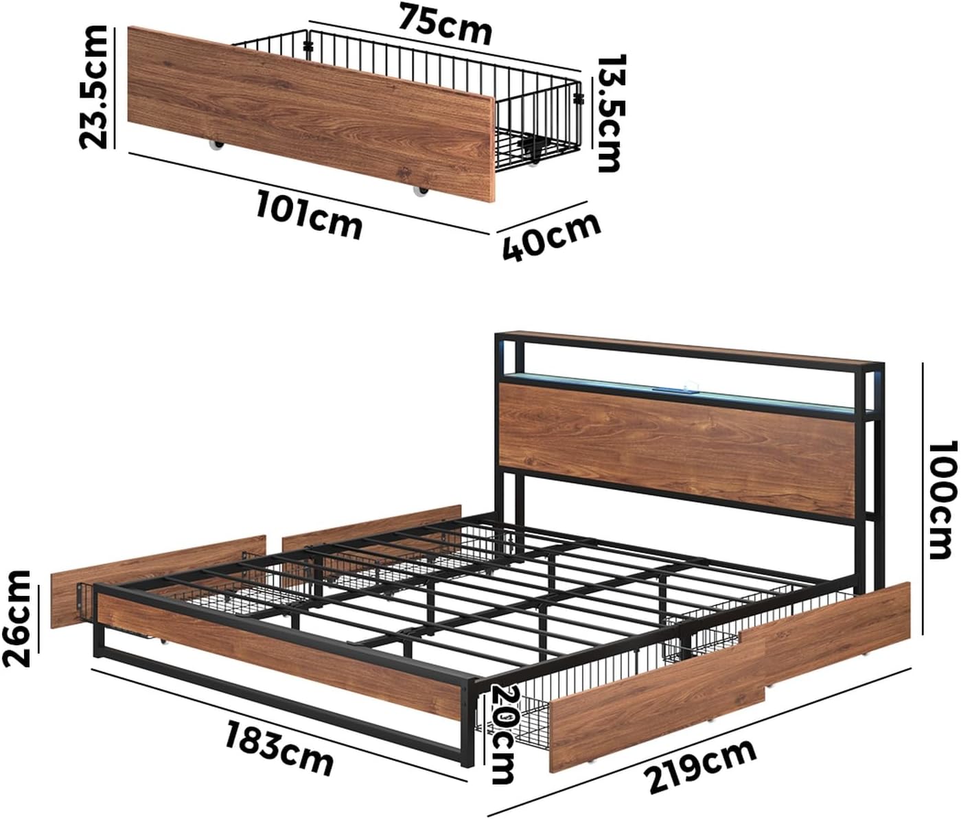 Oikiture King Bed Frame with Led Light and Charge Station Metal Bed with 4 Drawers