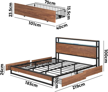 Oikiture King Bed Frame with Led Light and Charge Station Metal Bed with 4 Drawers