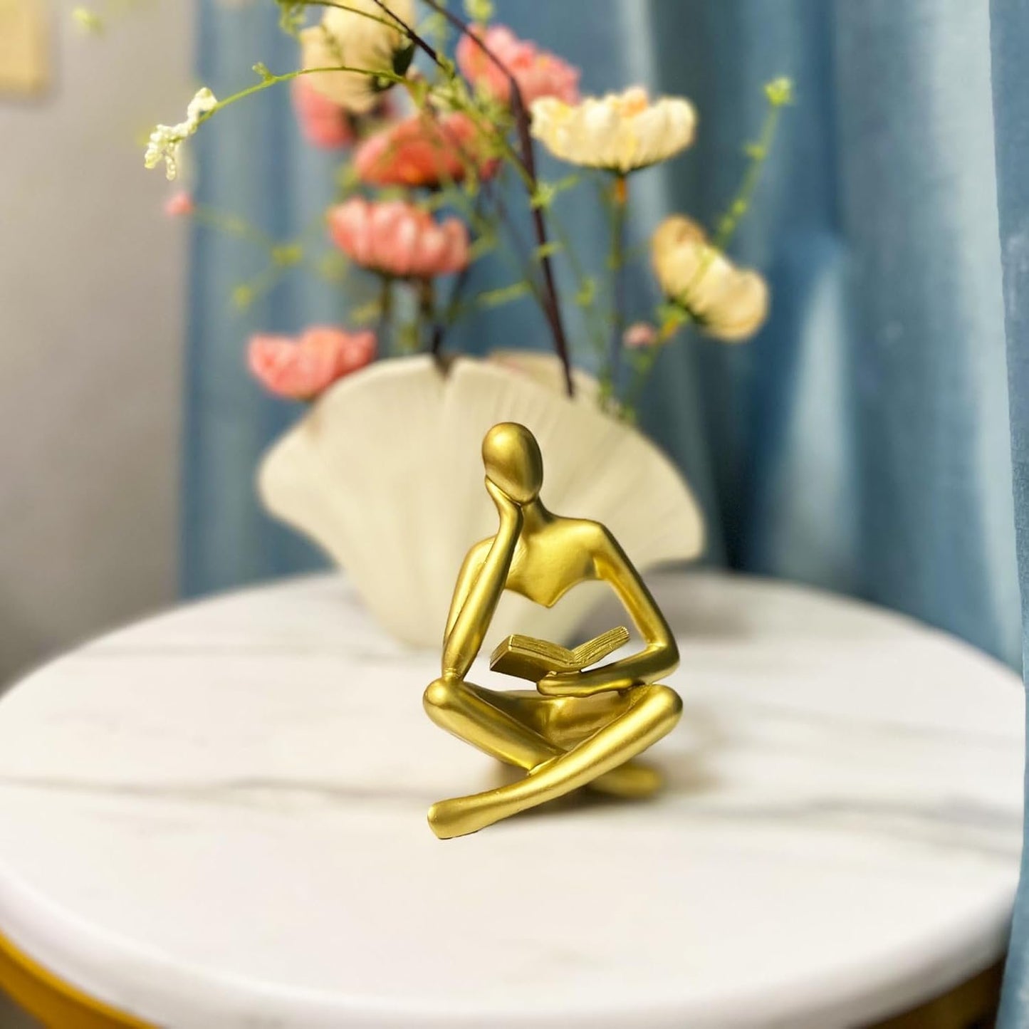SIETIOJI Home Decor Gold Reading Thinker Statue Modern Figurines Abstract Aesthetic Sculpture Thinker Resin Statue Set for Home Decoration Living Room Office Bookshelf Shelf Table