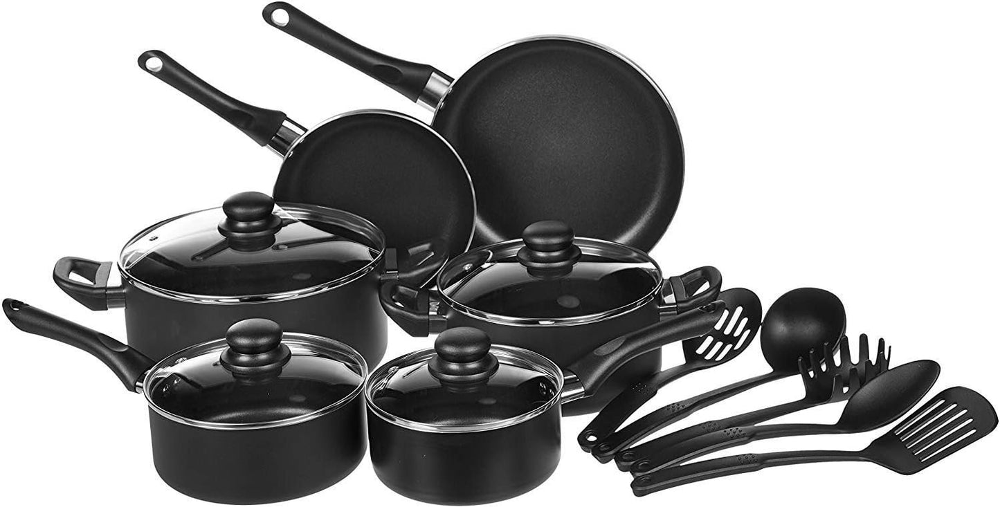 Amazon Basics 15-Piece Non-Stick Kitchen Cookware Set + 6-Piece Nonstick Bakeware Set