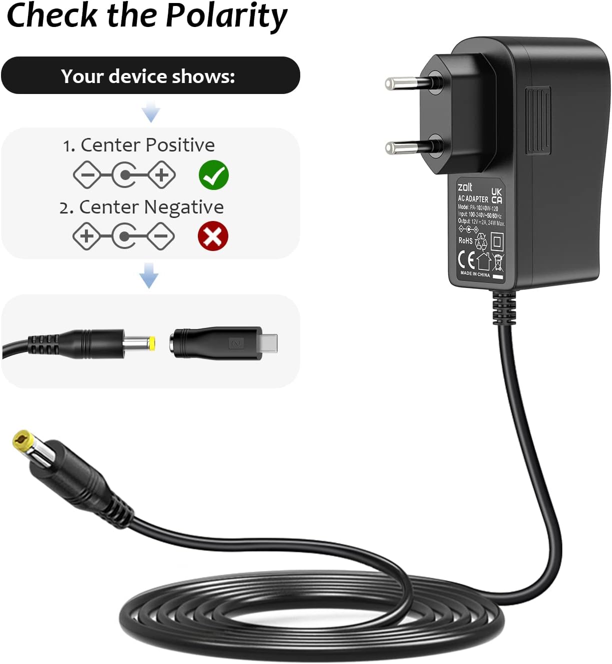 12V 2A Power Supply, Zolt Transformer Universal AC DC Power Adapter with 9 DC Plugs for Electronics, 24W Max.