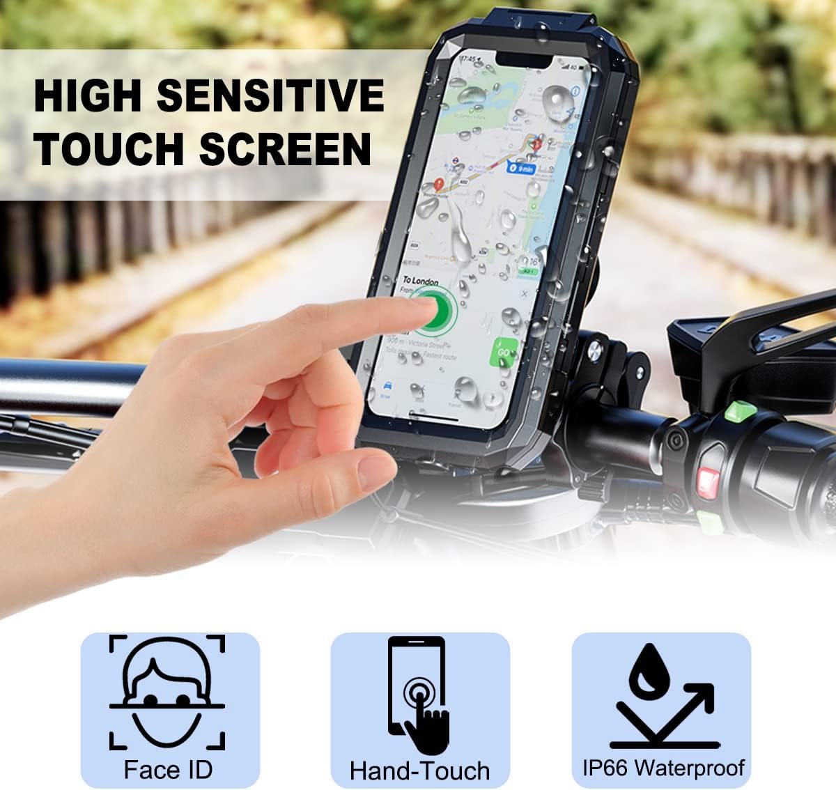Universal Bike Cell Phone Holder, Waterproof 360° Rotation Motorcycle Phone Holder Anti-Shake Bicycle Phone Holder for 5.5-6.8 Inches Smartphone (L, Black)