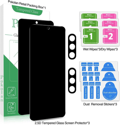 Pokolan [2+2 Pack] Privacy Screen Protector for Samsung Galaxy S24 FE with Camera Lens Protecor, Anti Spy Private Tempered Glass Film, Case Friendly, 9H Hardness