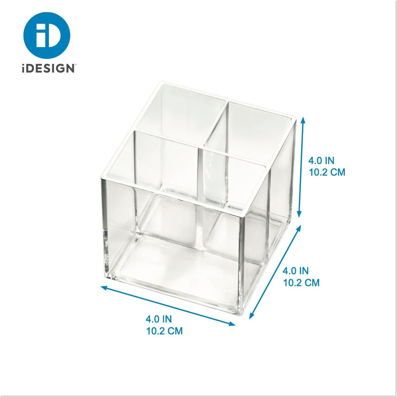 iDesign The Collection Makeups, 3 Compartments Bathroom Organizer from Sarah Tanno Signed Collection, Plastic Makeup Brush Holder for Pencils and Eyeliners, Transparent, 10.5 x 10.5 x 10.6 cm