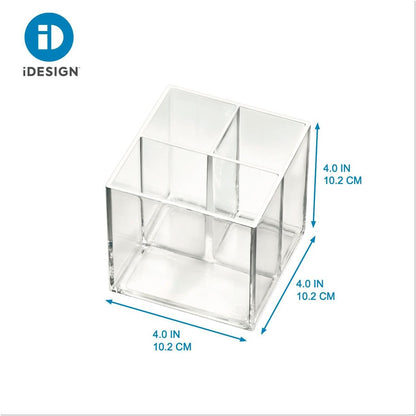 iDesign The Collection Makeups, 3 Compartments Bathroom Organizer from Sarah Tanno Signed Collection, Plastic Makeup Brush Holder for Pencils and Eyeliners, Transparent, 10.5 x 10.5 x 10.6 cm