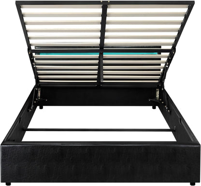 Oikiture Bed Frame Double Size Pu Leather Bed Frame Gas Lift with Storage and LED Light Bed Base Black