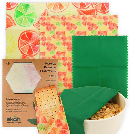 EKOH Beeswax Reusable Food Wraps | 3 Pack 3 Sizes Organic Certified | Eco-Friendly Reusable | Eco Sustainable Products - Assorted Prints | Storage Fabric Wax Wraps for Food (Zesty Lemon Green)