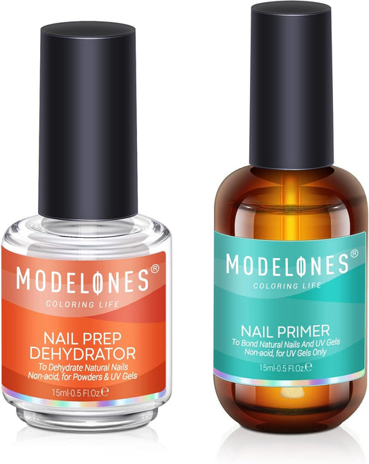 Modelones 15ml Gel Nail Polish Nail Dehydrator and Primer, 2Pcs Acid Free Natural Nail Prep Dehydrate & Bond Primer Nail Bond, Air Dry Superior Bonding Primer for Acrylic Powder Nail Supplies Set