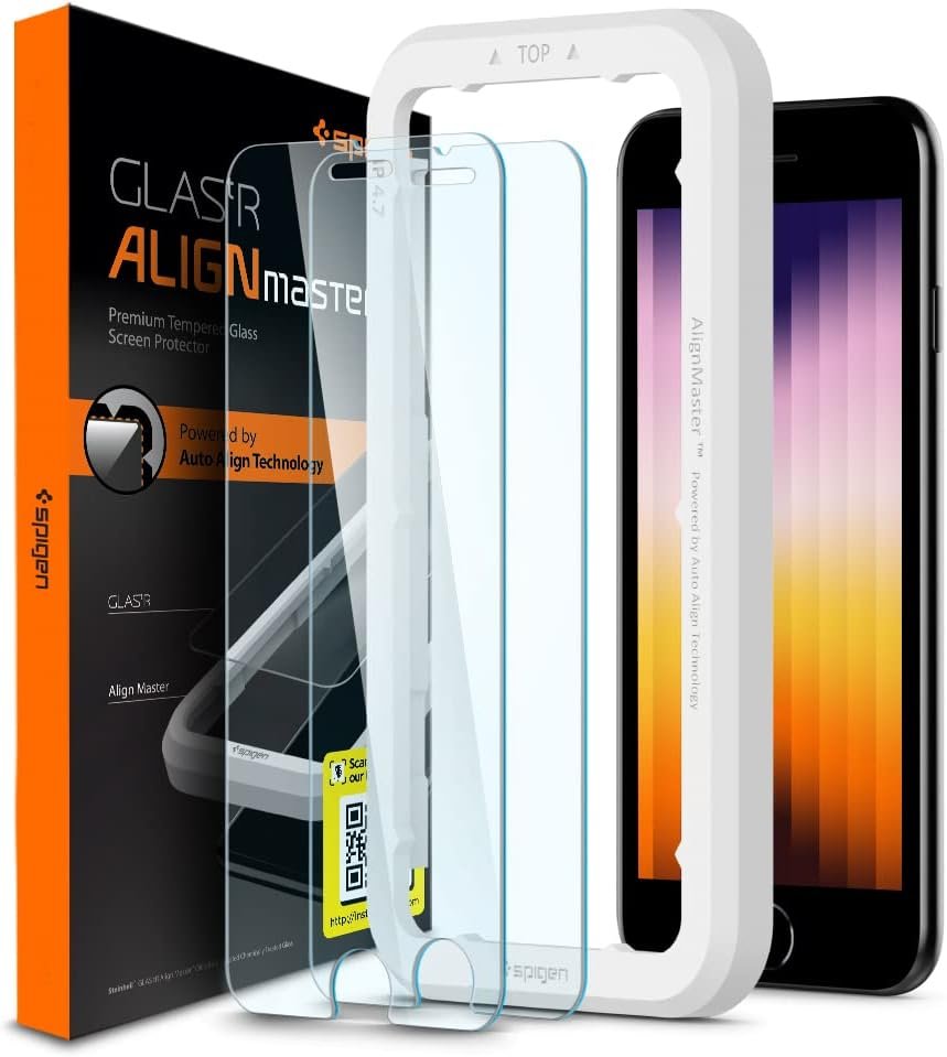 Spigen Tempered Glass Screen Protector [GlasTR AlignMaster] Designed for iPhone SE 3 (2022) / iPhone SE 2 (2020) / iPhone 8 / iPhone 7- (2 Pack)