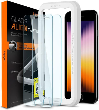Spigen Tempered Glass Screen Protector [GlasTR AlignMaster] Designed for iPhone SE 3 (2022) / iPhone SE 2 (2020) / iPhone 8 / iPhone 7- (2 Pack)