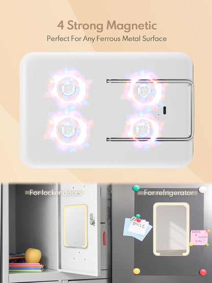 Qislee Magnetic Locker Mirror, Desk Makeup Mirror with Light and Foldable Stand, 3 Color Modes Touch Dimming, Perfect Travel Accessory, White